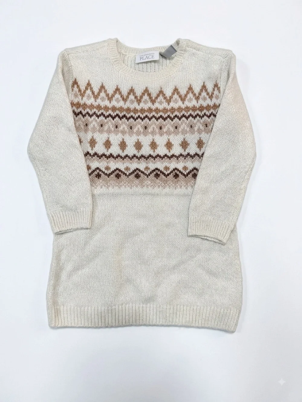 The Children's Place Girls 4T Fair Isle Sweater Dress Cream Brown Shimmer